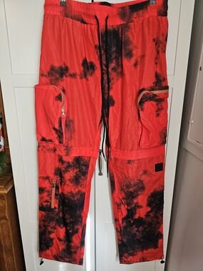 EPTM Tie Dye Nylon Cargo Track Pants Red Black Convertible Zip Off Shorts 2XL
